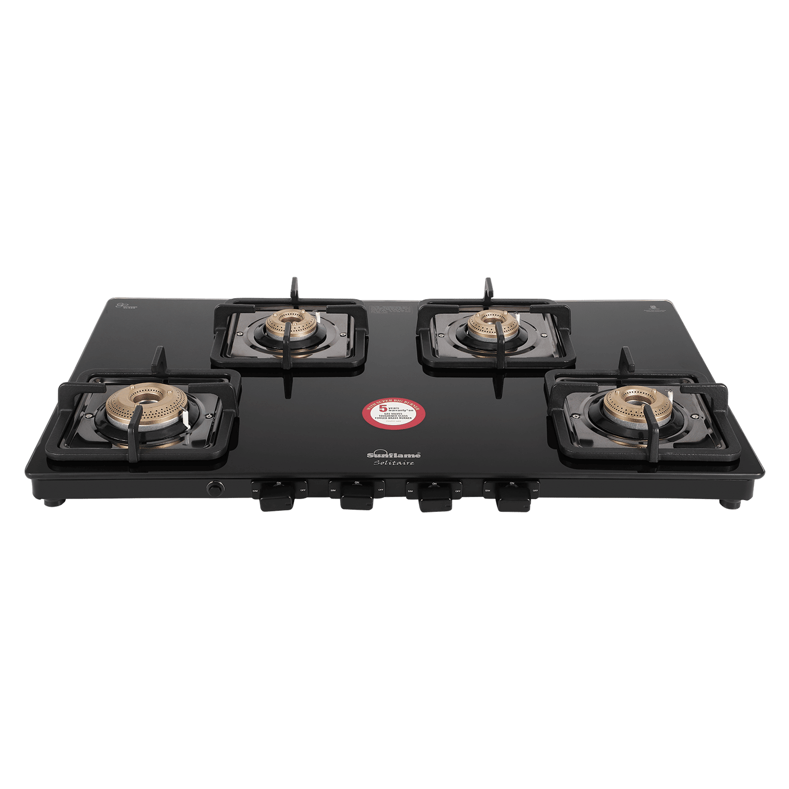 Sunflame Solitaire Tempered Glass Top 4 Burner Manual Gas Stove (Cast Iron Pan Support, Black)_4