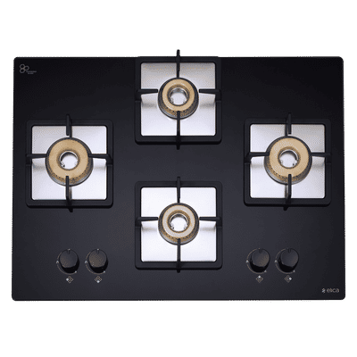 elica FLEXI HCT 470 DX LOTUS Toughened Glass Top 4 Burner Automatic Hob (Cast Iron Grid, Black)