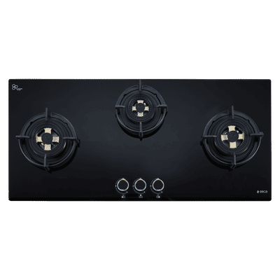 elica FLEXI DFS FB MFC 3B 90 DX Glass Top 3 Burner Automatic Hob (Cast Iron Pan Support with Heat Guard, Black)