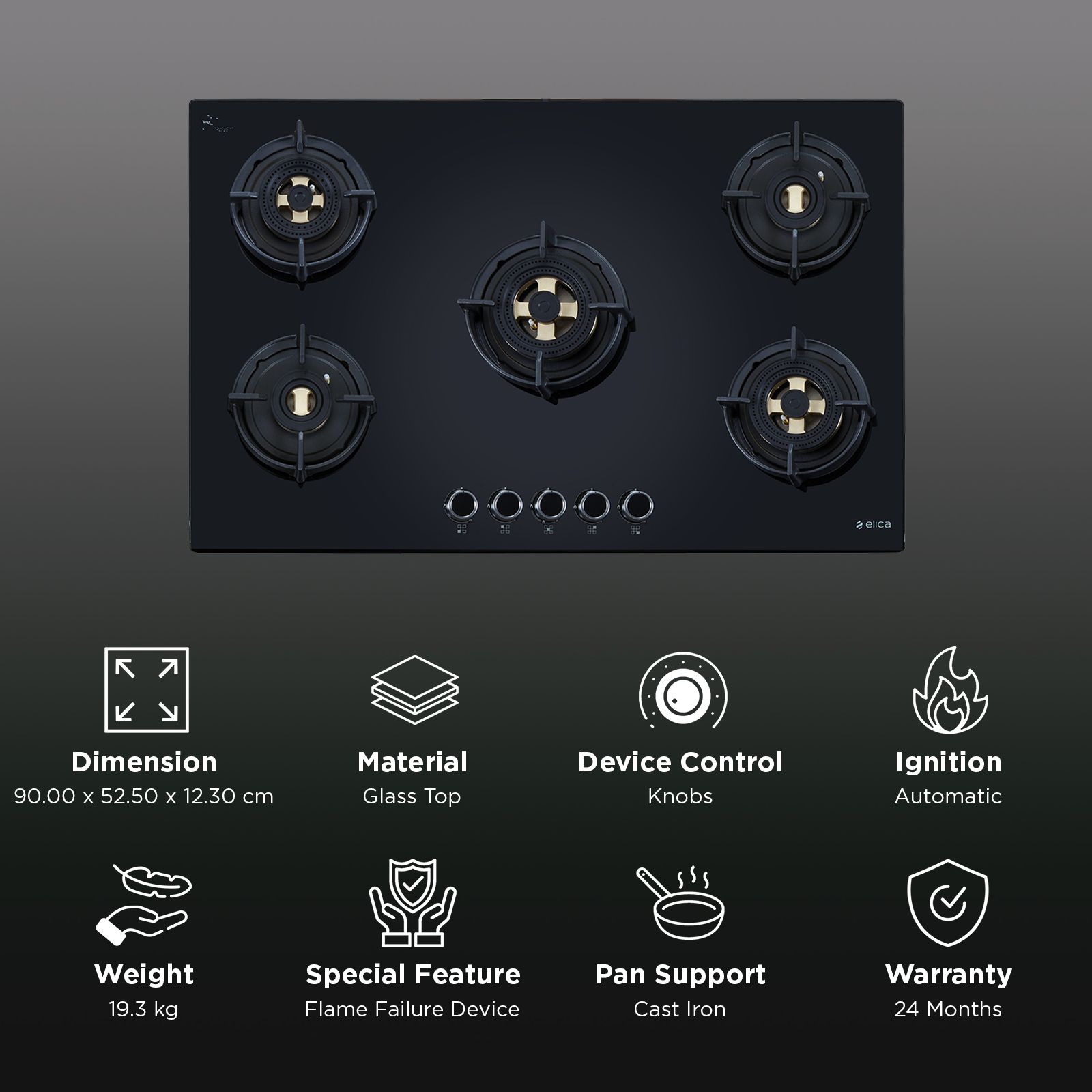 elica FLEXI DFS FB MFC 5B 90 FFD Glass Top 5 Burner Automatic Hob (Flame Failure Device, Black)_3