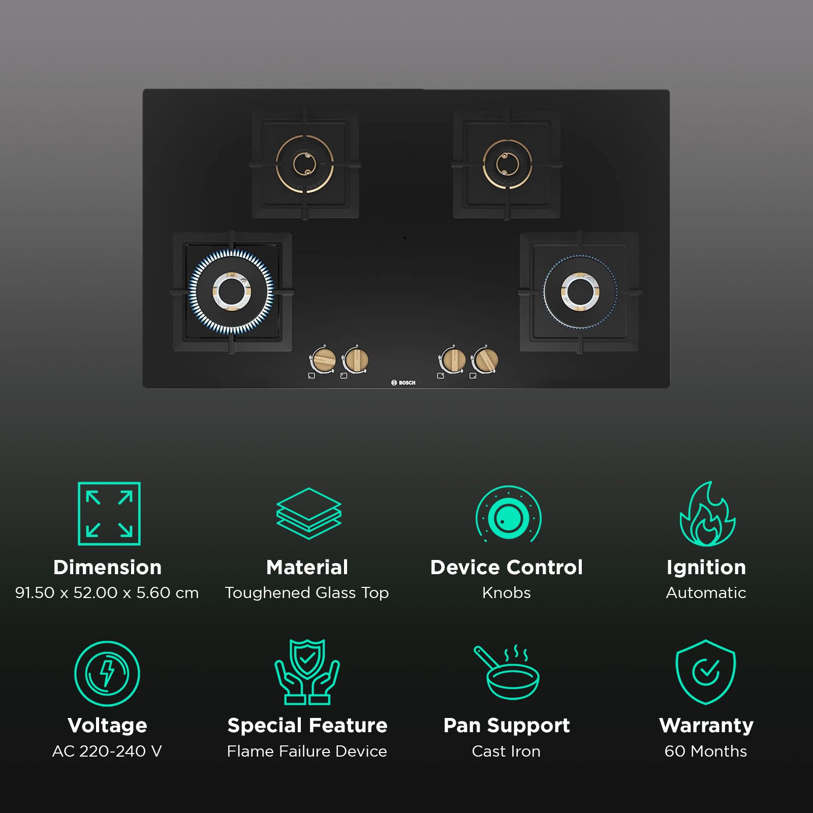BOSCH Series 4 Toughened Glass Top 4 Burner Automatic Hob (Flame Failure Safety Device, Black) BOSCH Series 4 Toughened Glass Top 4 Burner Automatic Hob (Flame Failure Safety Device, Black)_3