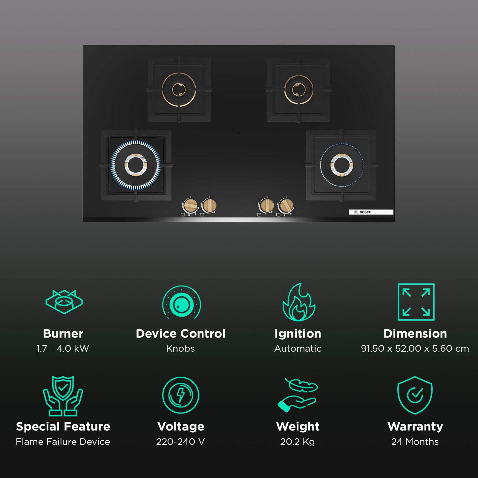 BOSCH Series 4 Toughened Glass Top 4 Burner Automatic Hob (Flame Failure Safety Device, Black)_3