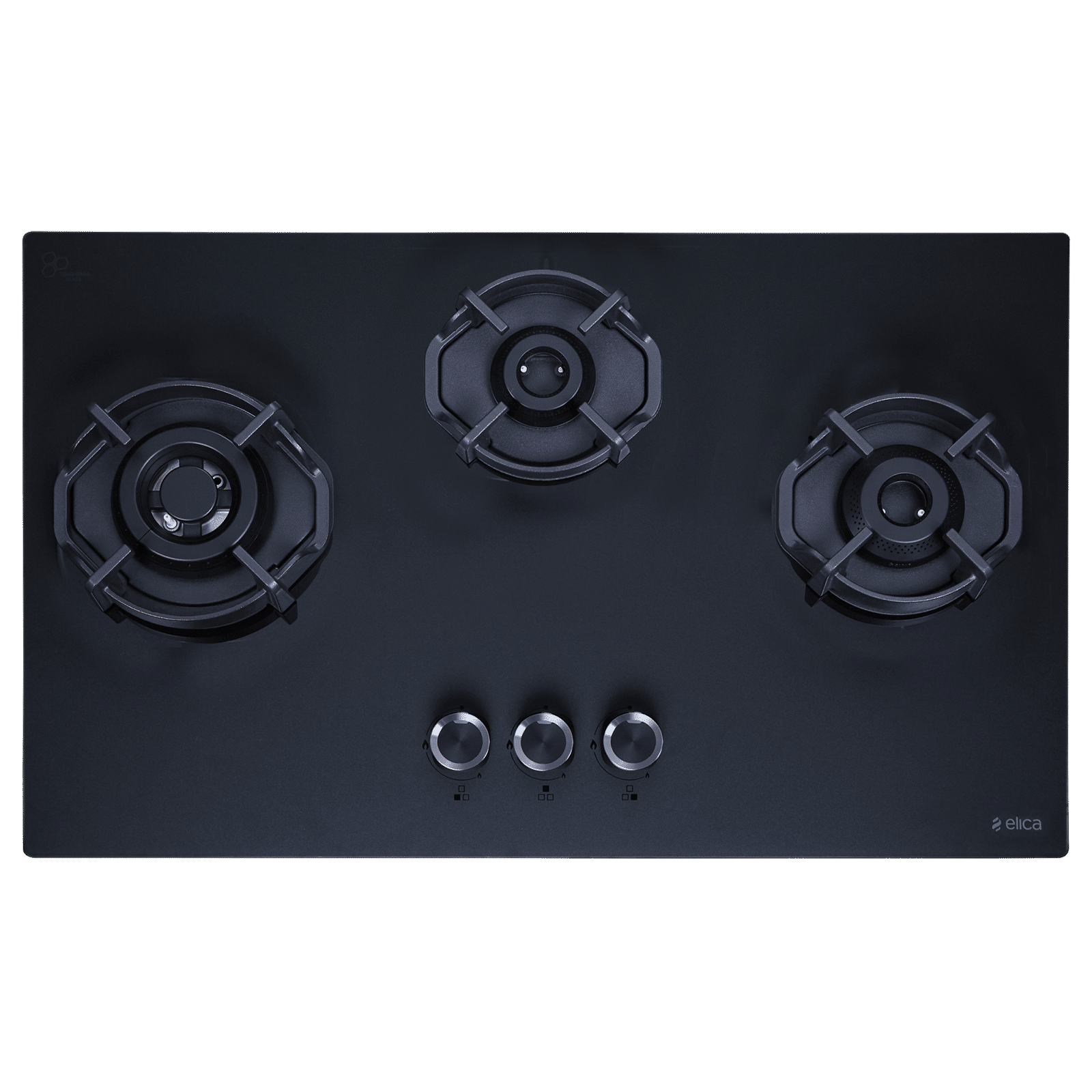 elica MATT FLEXI HEXA 370 LOTUS IND HD BRASS Glass Top 3 Burner Automatic Hob (Cast Iron Pan Support, Matt Finish Black Glass)_1