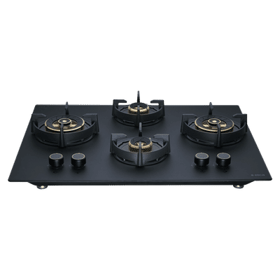 elica MATT FLEXI DFS HE FB 4B 70 DX Toughened Glass Top 4 Burner Automatic Hob (Cast Iron Pan Support with Heat Guard, Matt Finish Black Glass)