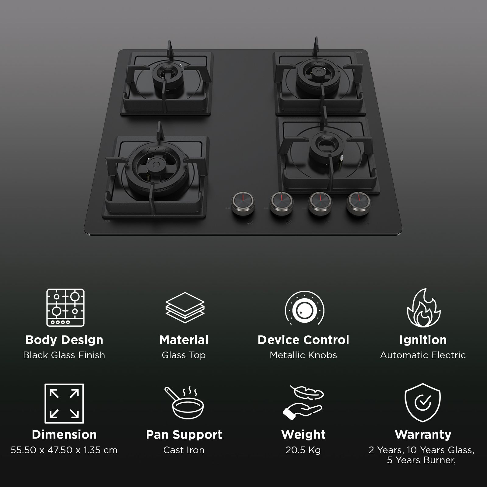 KAFF NYG 64B Glass Top 4 Burner Automatic Hob (Integrated Flame Protector, Black)_3
