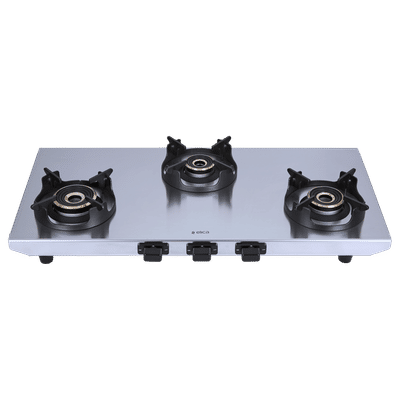 elica INOX HD 3B 77 3 Burner Manual Gas Stove (Round Euro Coated Pan Support, Stainless Steel)