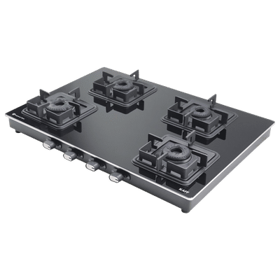 KAFF CTQ694B Toughened Glass Top 4 Burner Manual Gas Stove (Edge Protection, Black)