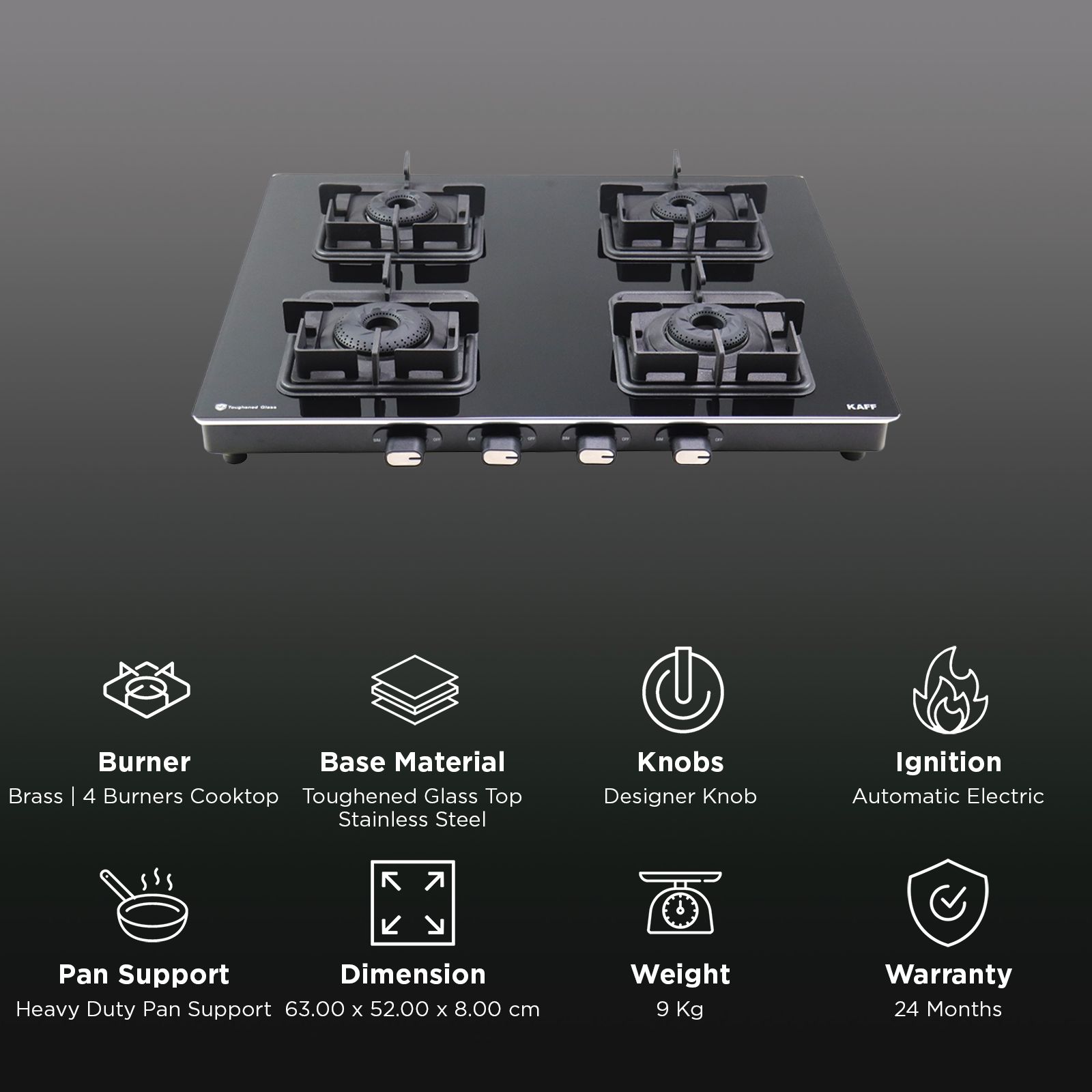 KAFF CTQ634BAI Toughened Glass Top 4 Burner Automatic Gas Stove (Edge Protection, Black) KAFF CTQ634BAI Toughened Glass Top 4 Burner Automatic Gas Stove (Edge Protection, Black)_3