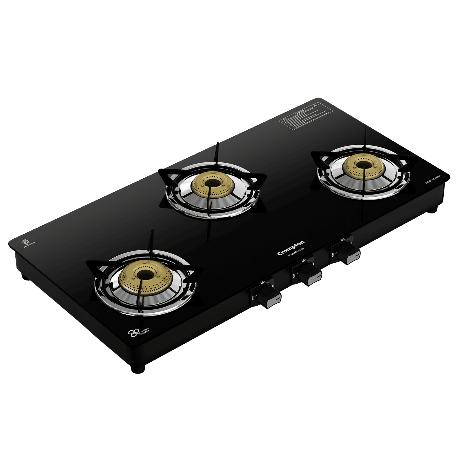Crompton FlameMaster Toughened Glass Top 3 Burner Manual Gas Stove (Mild Steel Body, Black) Crompton FlameMaster Toughened Glass Top 3 Burner Manual Gas Stove (Mild Steel Body, Black)_1