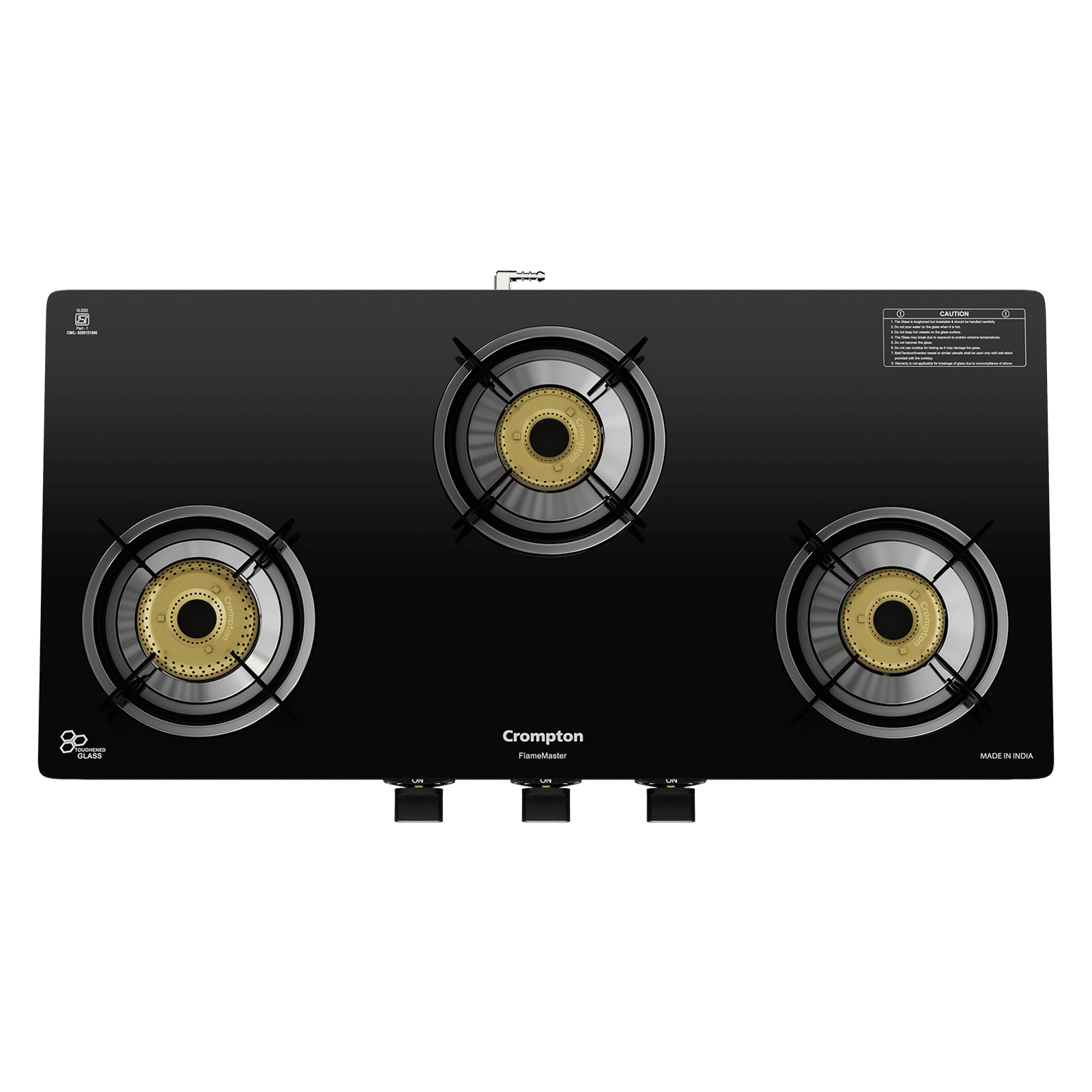 Crompton FlameMaster Toughened Glass Top 3 Burner Manual Gas Stove (Mild Steel Body, Black) Crompton FlameMaster Toughened Glass Top 3 Burner Manual Gas Stove (Mild Steel Body, Black)_4