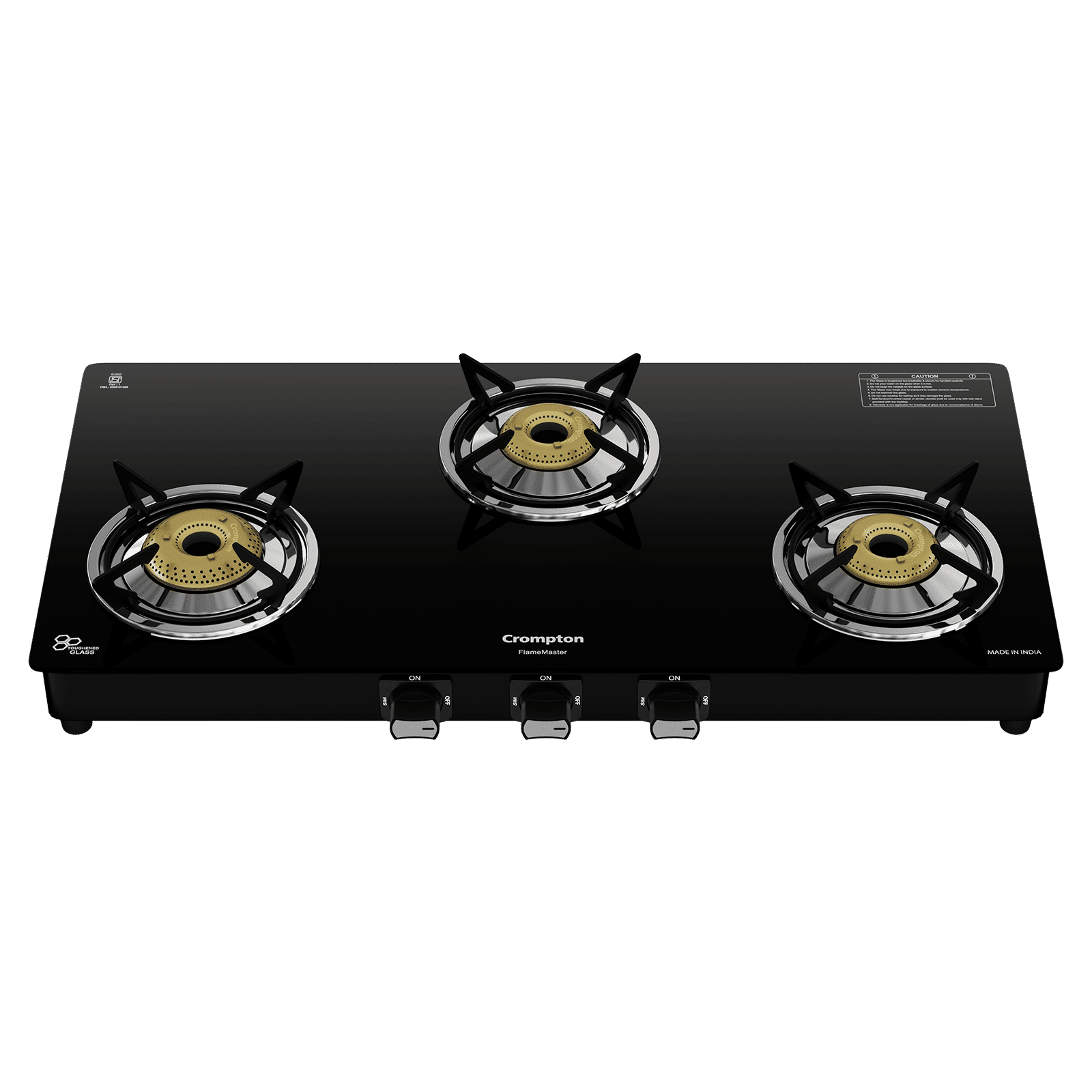 Crompton FlameMaster Toughened Glass Top 3 Burner Manual Gas Stove (Mild Steel Body, Black) Crompton FlameMaster Toughened Glass Top 3 Burner Manual Gas Stove (Mild Steel Body, Black)_5