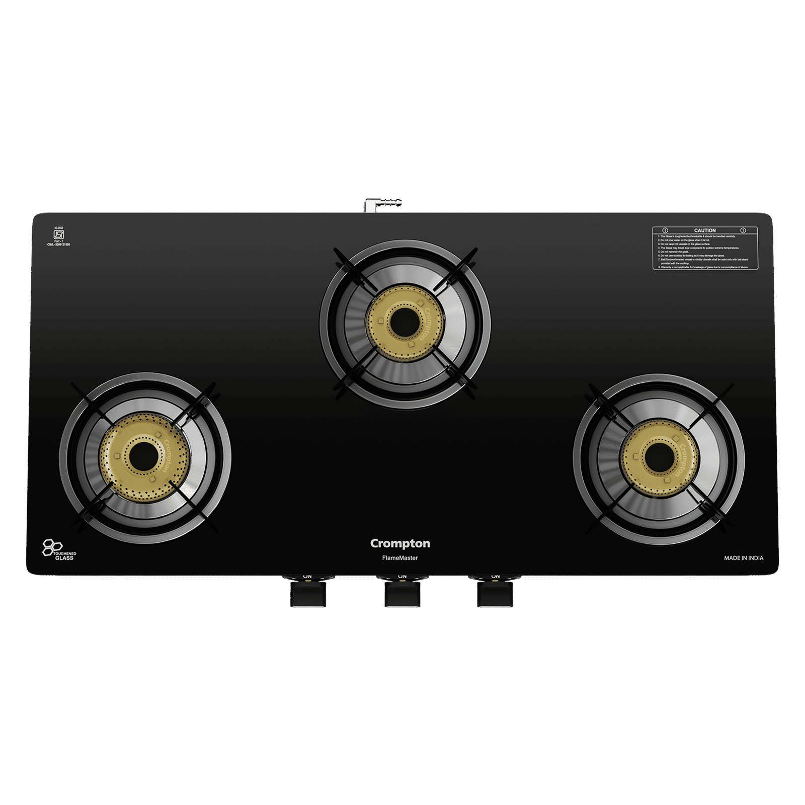 Crompton FlameMaster Toughened Glass Top 3 Burner Manual Gas Stove (Stainless Steel Body, Black)_4