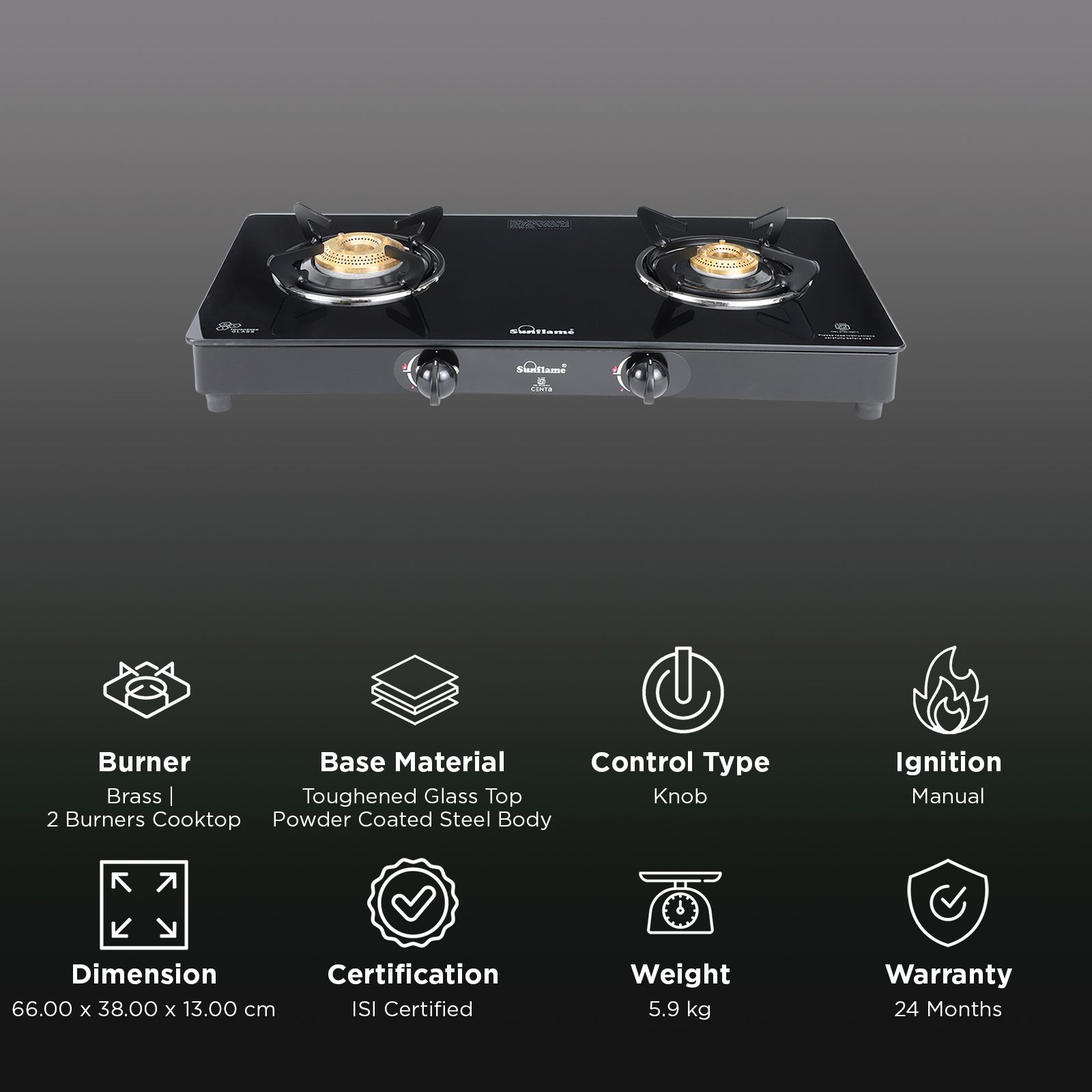 Sunflame Centa Toughened Glass Top 2 Burner Manual Gas Stove (Black)_2