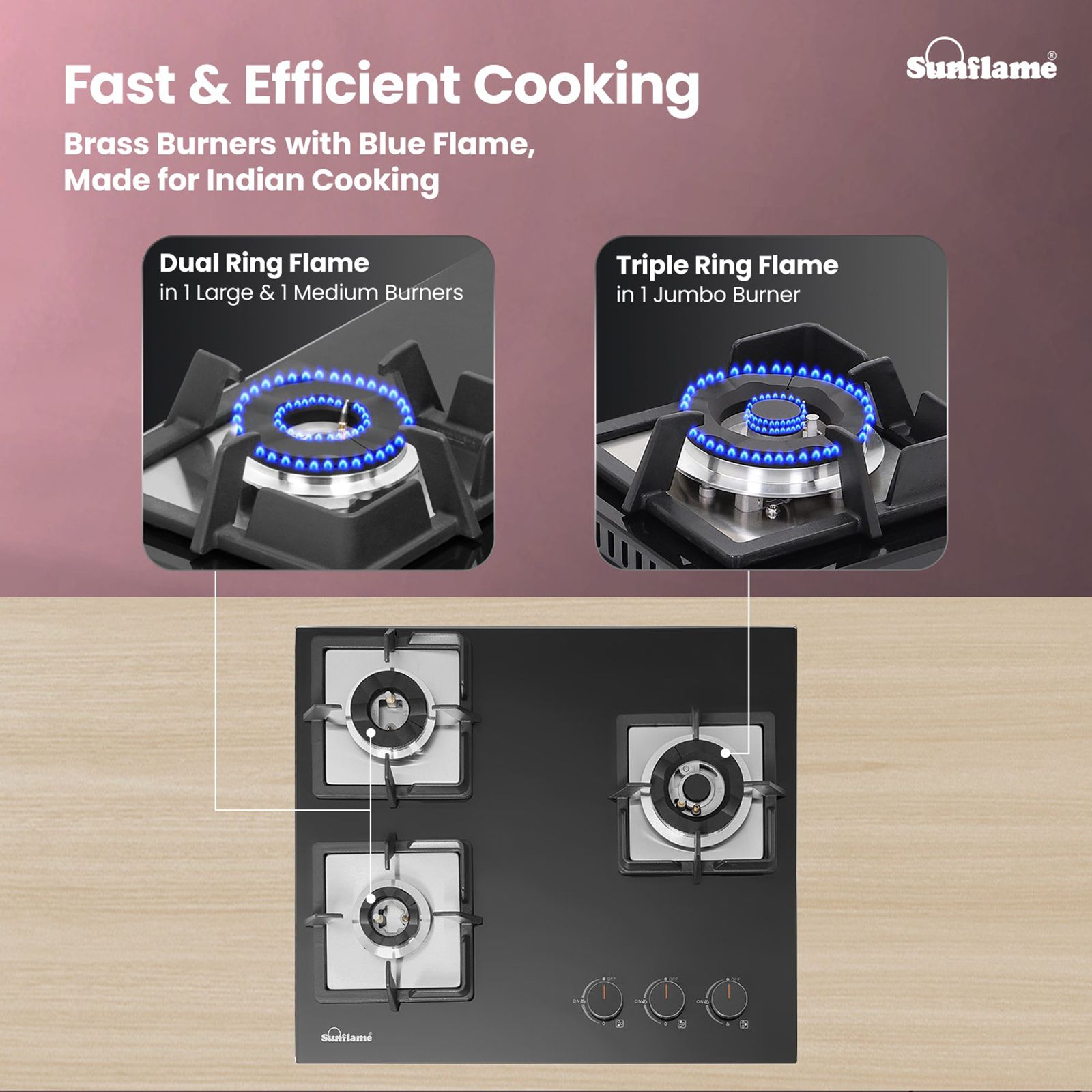Sunflame SHA 360 PHS Tempered Glass Top 3 Burner Automatic Hob (Flame Failure Device, Black)_11