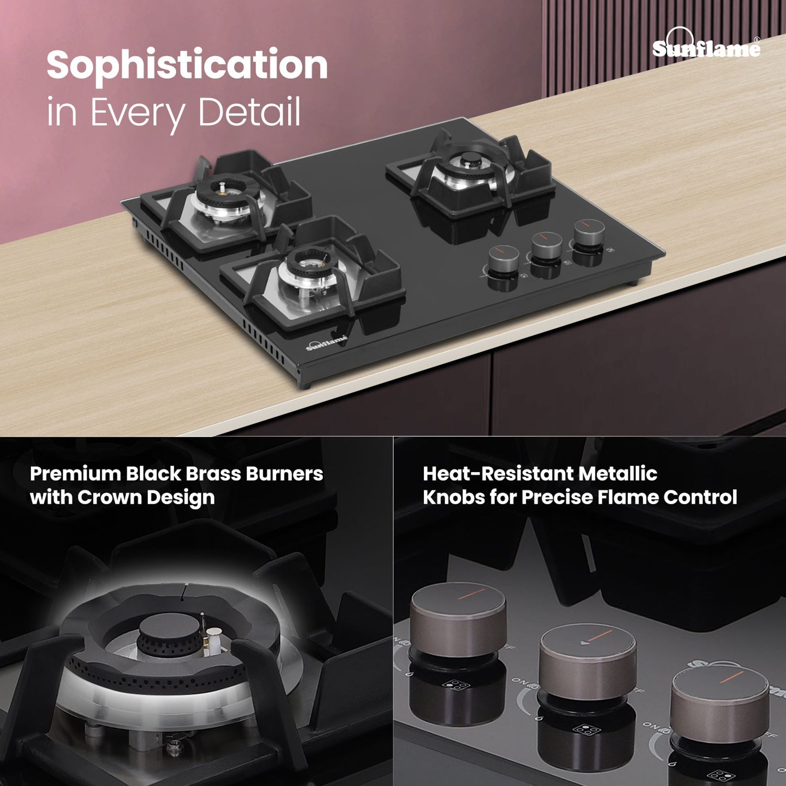 Sunflame SHA 360 PHS Tempered Glass Top 3 Burner Automatic Hob (Flame Failure Device, Black)_4