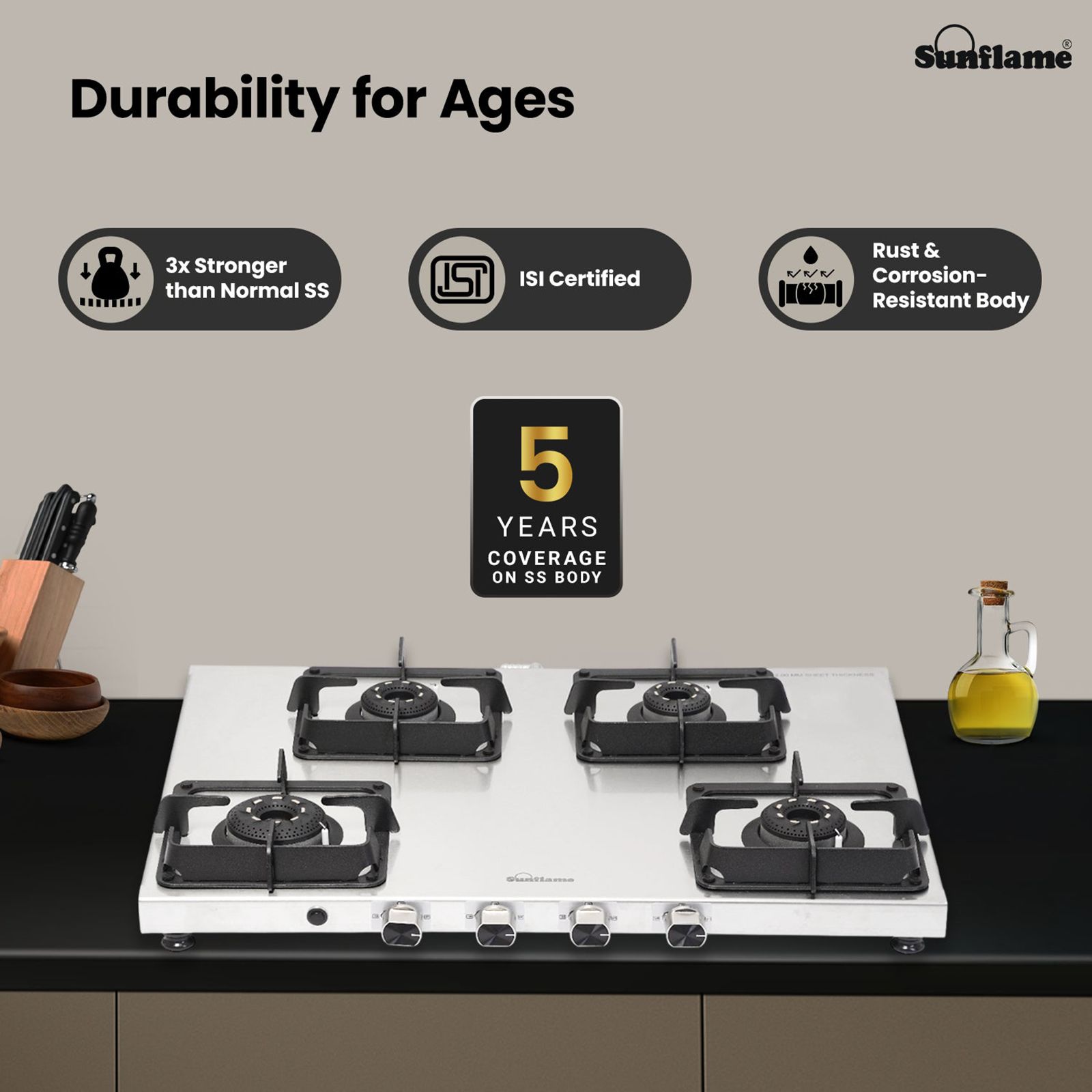Sunflame SSS 4B AI 4 Burner Automatic Gas Stove (ISI Certified, Silver)_10