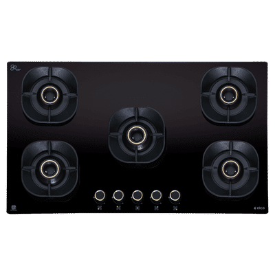 elica CROWN FLEXI 590 LOTUS IND HD BRASS Toughened Glass Top 5 Burner Automatic Hob (Multi Flame Burners, Black Glass)