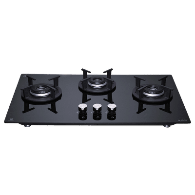 elica RG FLEXI HCT 375 DX LOTUS BK Toughened Glass Top 3 Burner Automatic Hob (Cast Iron Pan Support, Black Glass)