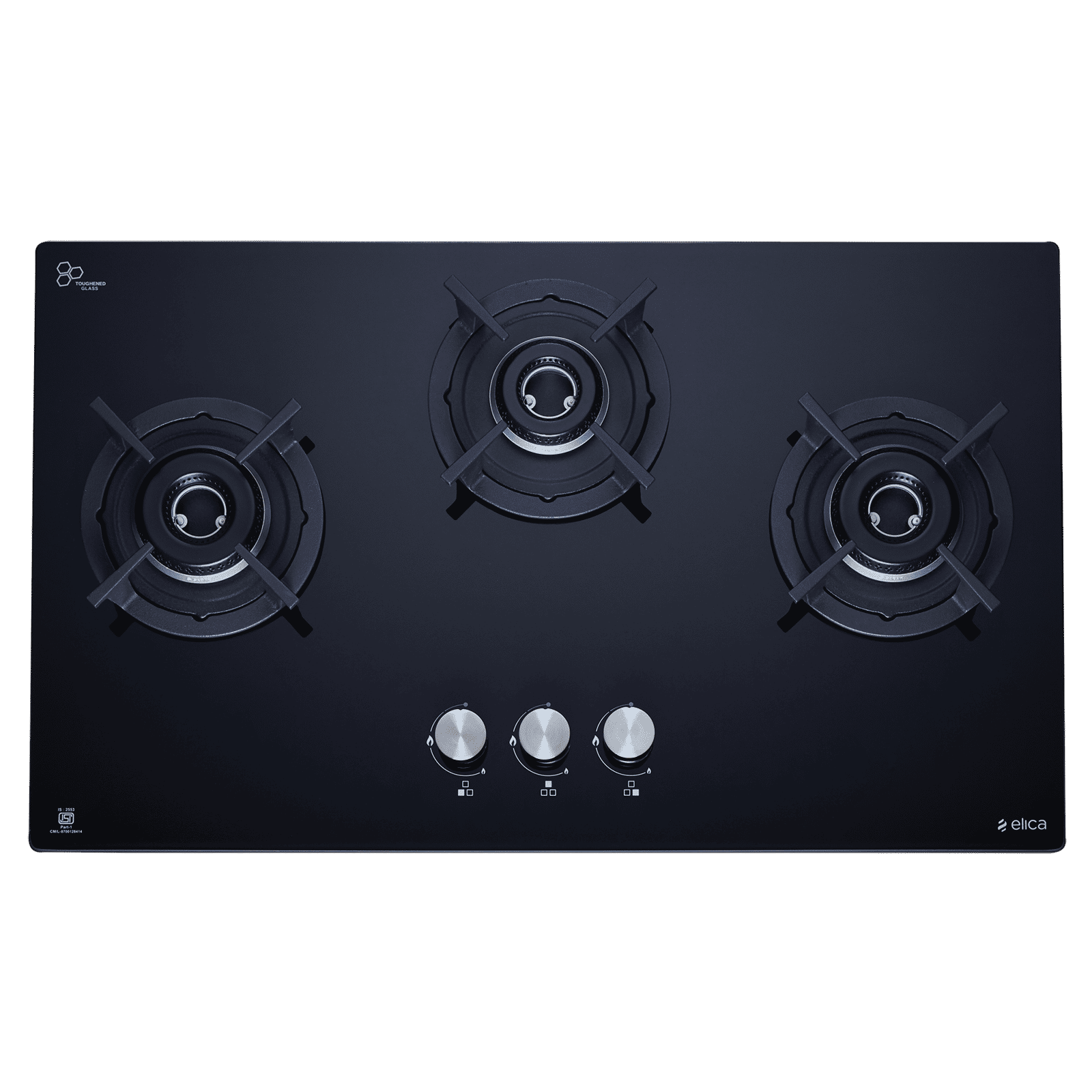 elica RG FLEXI HCT 375 DX LOTUS BK Toughened Glass Top 3 Burner Automatic Hob (Cast Iron Pan Support, Black Glass)_6