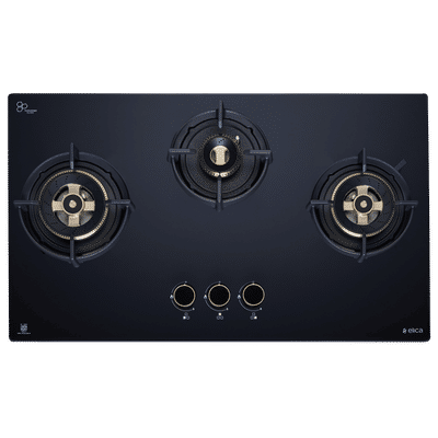 elica FLEXI DFS HE FB 3B 75 DX Toughened Glass Top 3 Burner Automatic Hob (Multi Flame Burners, Black Glass)