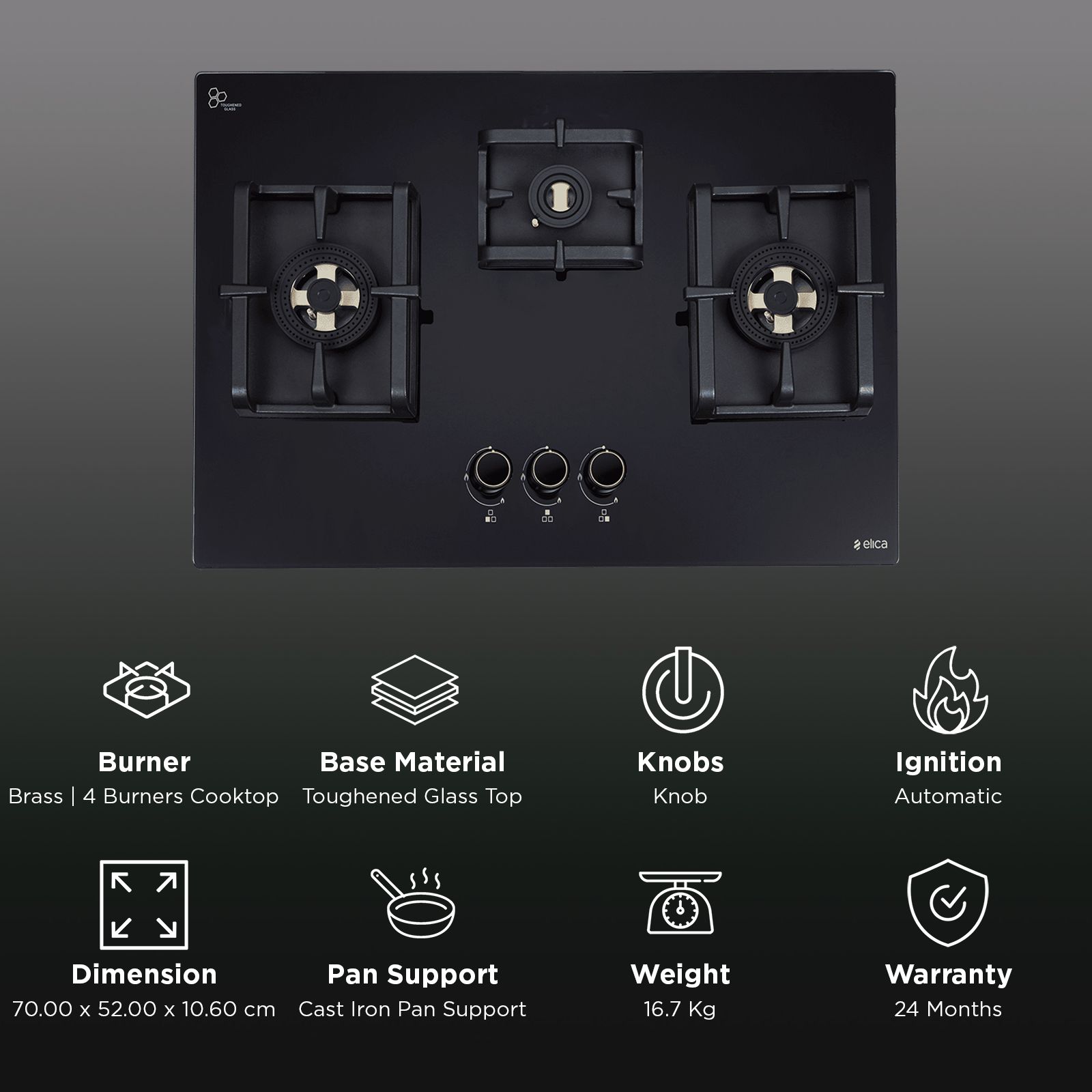 elica DFS PRO FB 3B 70 DX Toughened Glass Top 3 Burner Automatic Hob (Direct Multi Flame Burners, Black Glass) elica DFS PRO FB 3B 70 DX Toughened Glass Top 3 Burner Automatic Hob (Direct Multi Flame Burners, Black Glass)_3