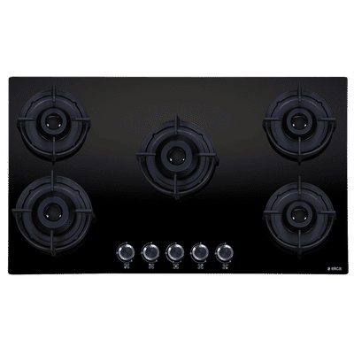 elica FLEXI 590 LOTUS IND HD BRASS Toughened Glass Top 5 Burner Automatic Hob (Cast Iron Pan Support with Heat Guard, Black)