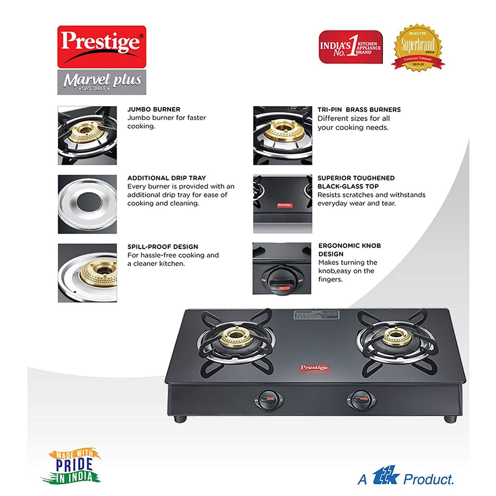 Prestige Marvel Plus GTM02 Toughened Glass Top 2 Burner Manual Gas Stove (Spill-Proof Design, Black)_4