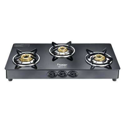 Prestige Marvel Plus Toughened Glass Top 3 Burner Manual Gas Stove (Tri-Pin Burners, Black)