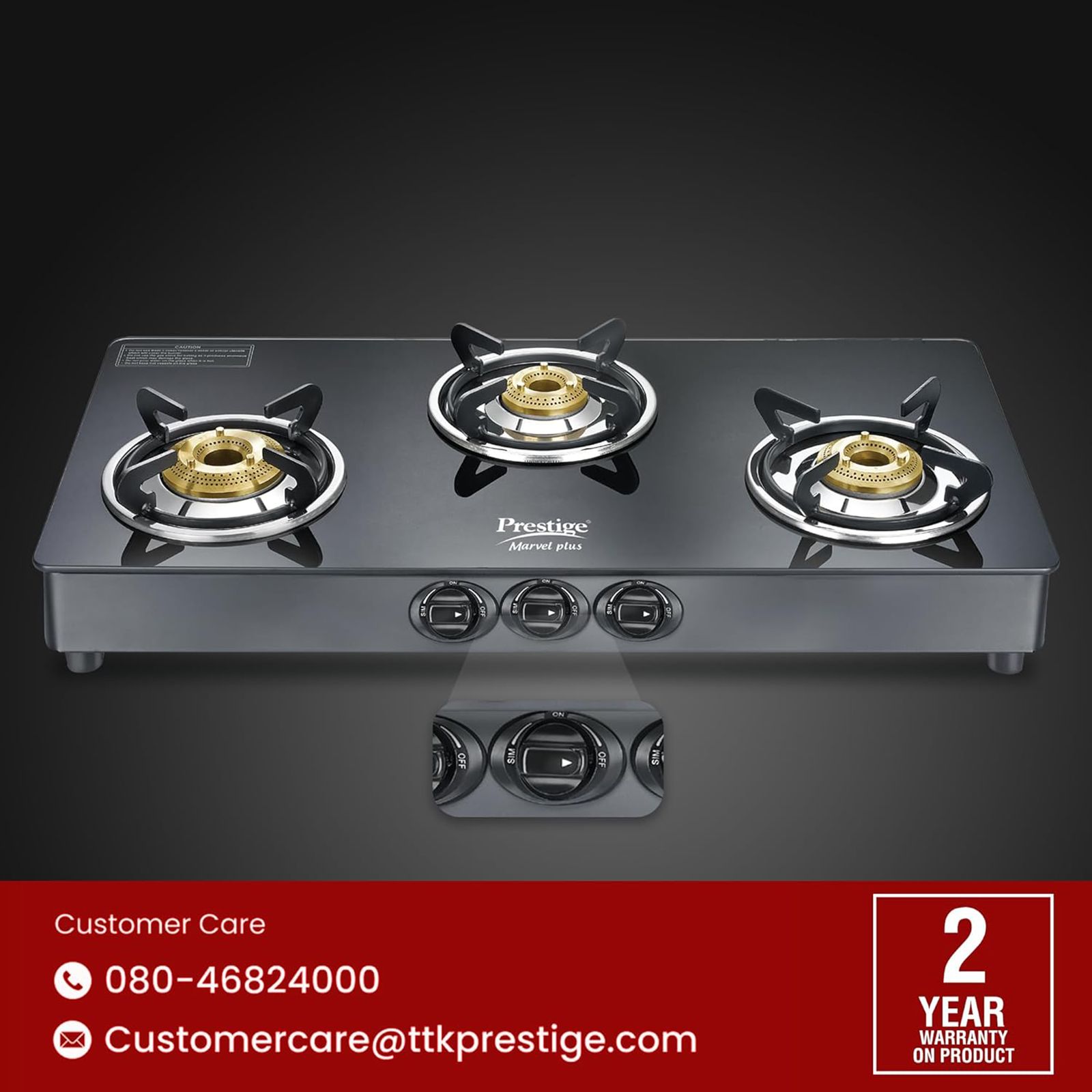 Prestige Marvel Plus Toughened Glass Top 3 Burner Manual Gas Stove (Tri-Pin Burners, Black)_7