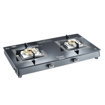 Prestige Vectra Toughened Glass Top 2 Burner Manual Gas Stove (ISI Certified, Black)