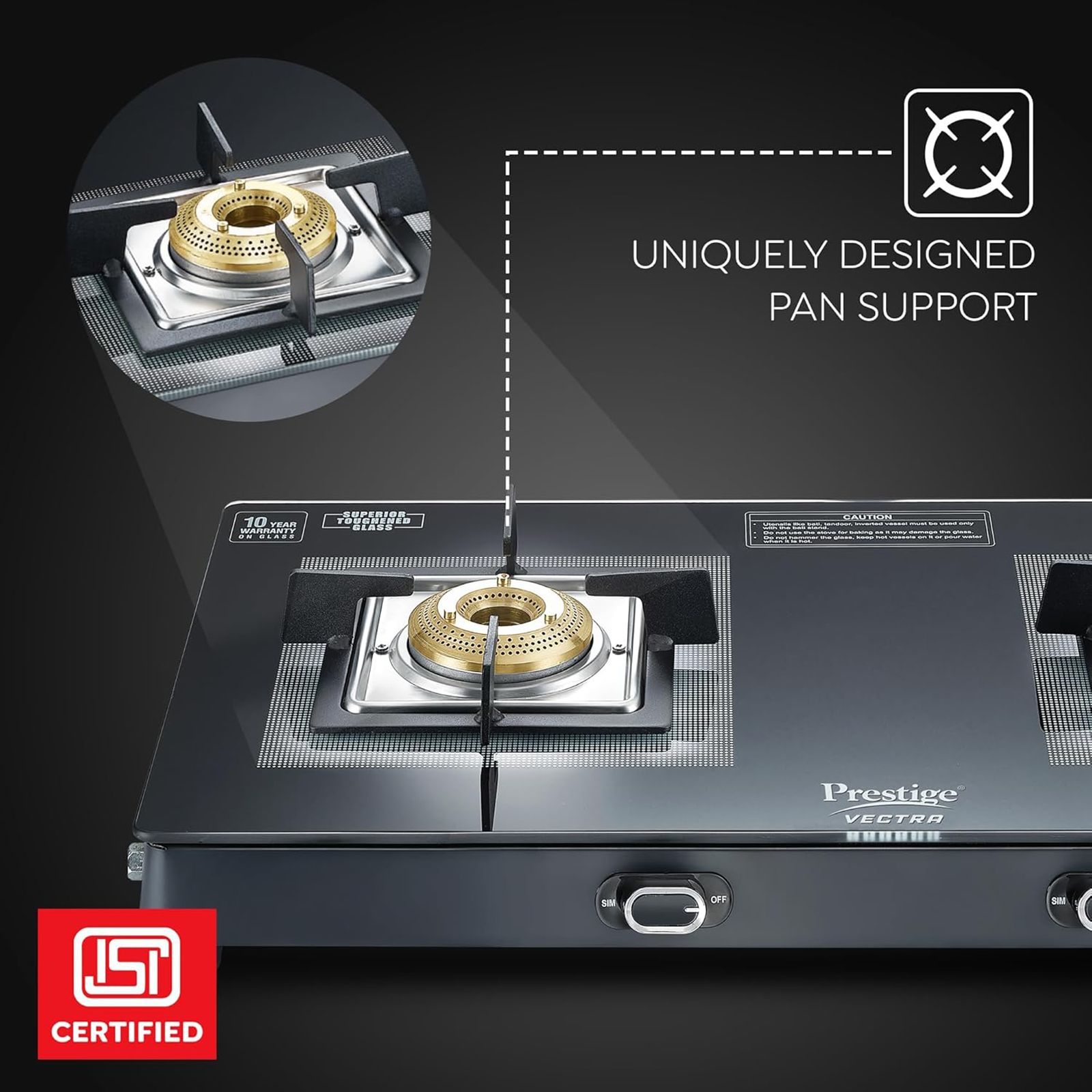 Prestige Vectra Toughened Glass Top 2 Burner Manual Gas Stove (ISI Certified, Black)_7