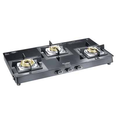 Prestige Vectra Toughened Glass Top 3 Burner Manual Gas Stove (ISI Certified, Black)