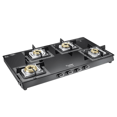 Prestige Vectra Toughened Glass Top 4 Burner Manual Gas Stove (360 Degree Revolving Nozzle, Black)