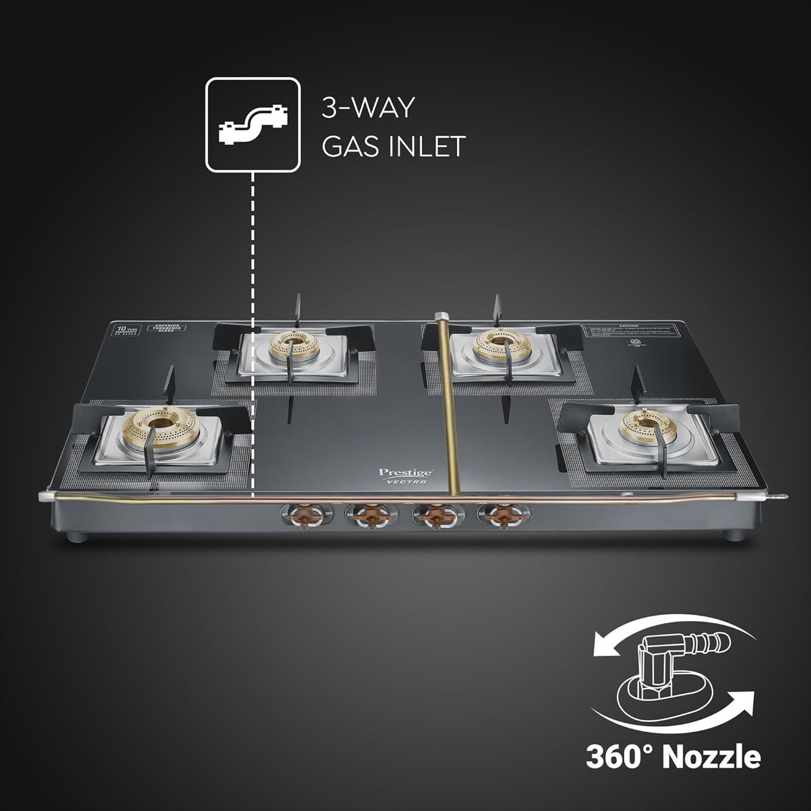 Prestige Vectra Toughened Glass Top 4 Burner Manual Gas Stove (360 Degree Revolving Nozzle, Black) Prestige Vectra Toughened Glass Top 4 Burner Manual Gas Stove (360 Degree Revolving Nozzle, Black)_10