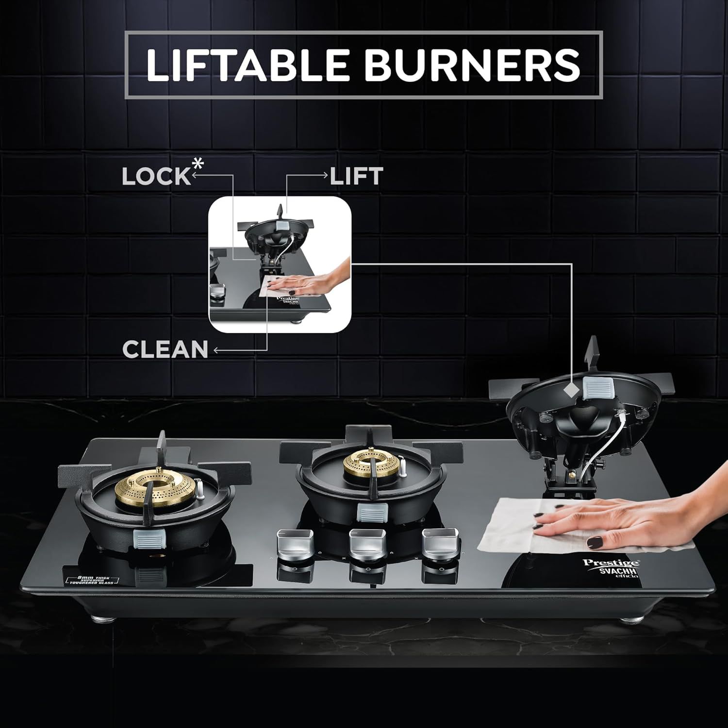 Prestige Svachh Efficia-03 AI Toughened Glass Top 3 Burner Automatic Hob (One-Touch Advanced Auto Ignition, Black) Prestige Svachh Efficia-03 AI Toughened Glass Top 3 Burner Automatic Hob (One-Touch Advanced Auto Ignition, Black)_5