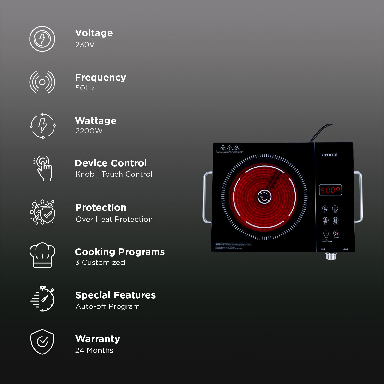 Croma Infrared 2200W Induction Cooktop with 3 Preset Menus_3