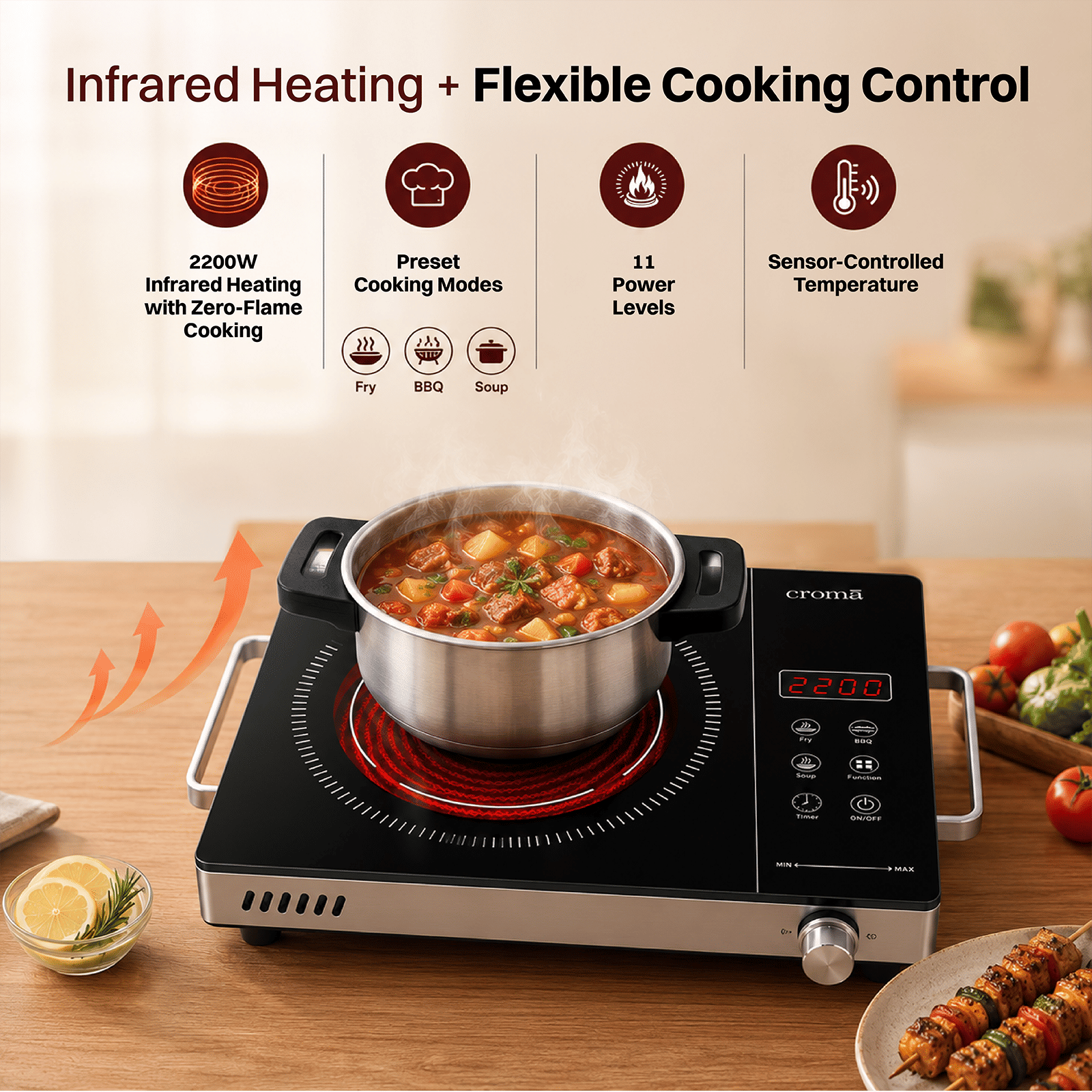 Croma Infrared 2200W Induction Cooktop with 3 Preset Menus_6