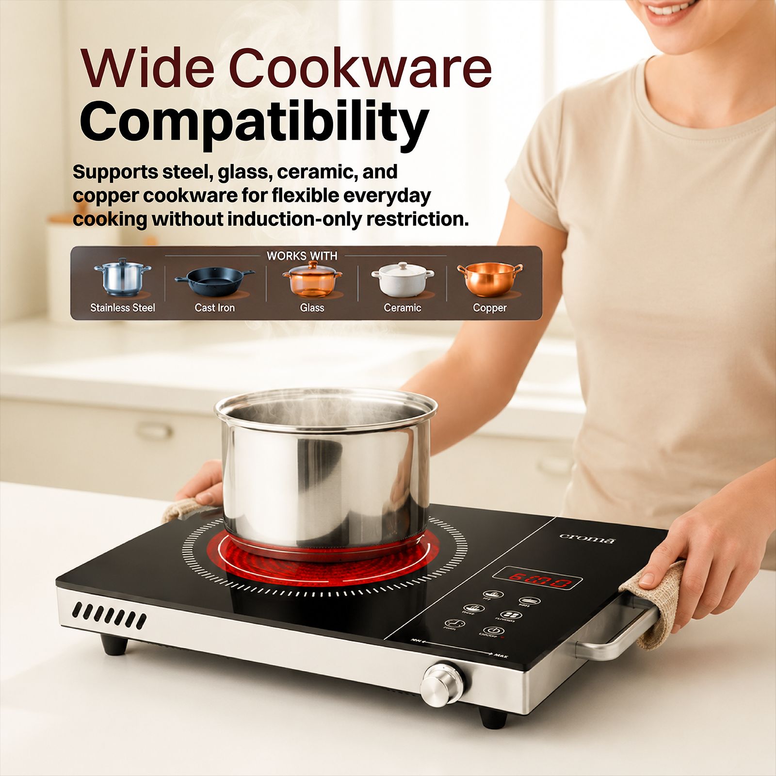 Croma Infrared 2200W Induction Cooktop with 3 Preset Menus_8