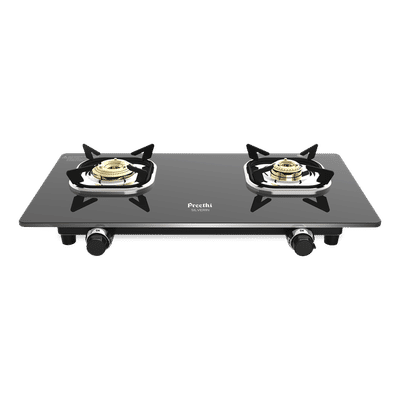 Preethi Silverin Toughened Glass Top 2 Burner Manual Gas Stove (Screwless Design, Black)