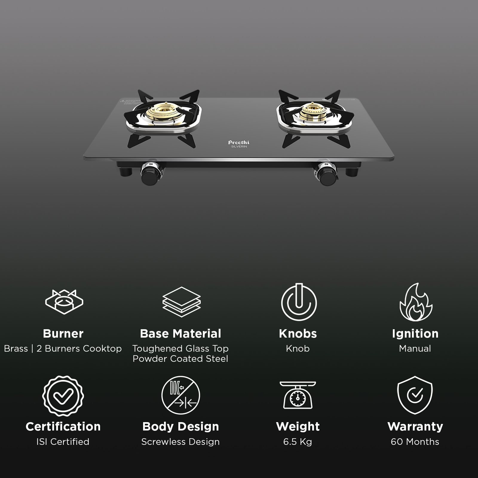 Preethi Silverin Toughened Glass Top 2 Burner Manual Gas Stove (Screwless Design, Black) Preethi Silverin Toughened Glass Top 2 Burner Manual Gas Stove (Screwless Design, Black)_3