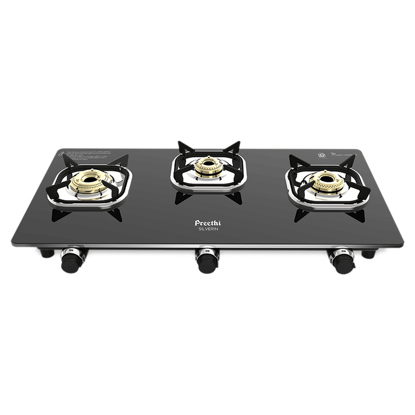 Preethi Silverin Toughened Glass Top 3 Burner Manual Gas Stove (Screwless Design, Black) Preethi Silverin Toughened Glass Top 3 Burner Manual Gas Stove (Screwless Design, Black)_1