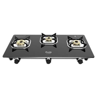 Preethi Silverin Toughened Glass Top 3 Burner Manual Gas Stove (Screwless Design, Black)