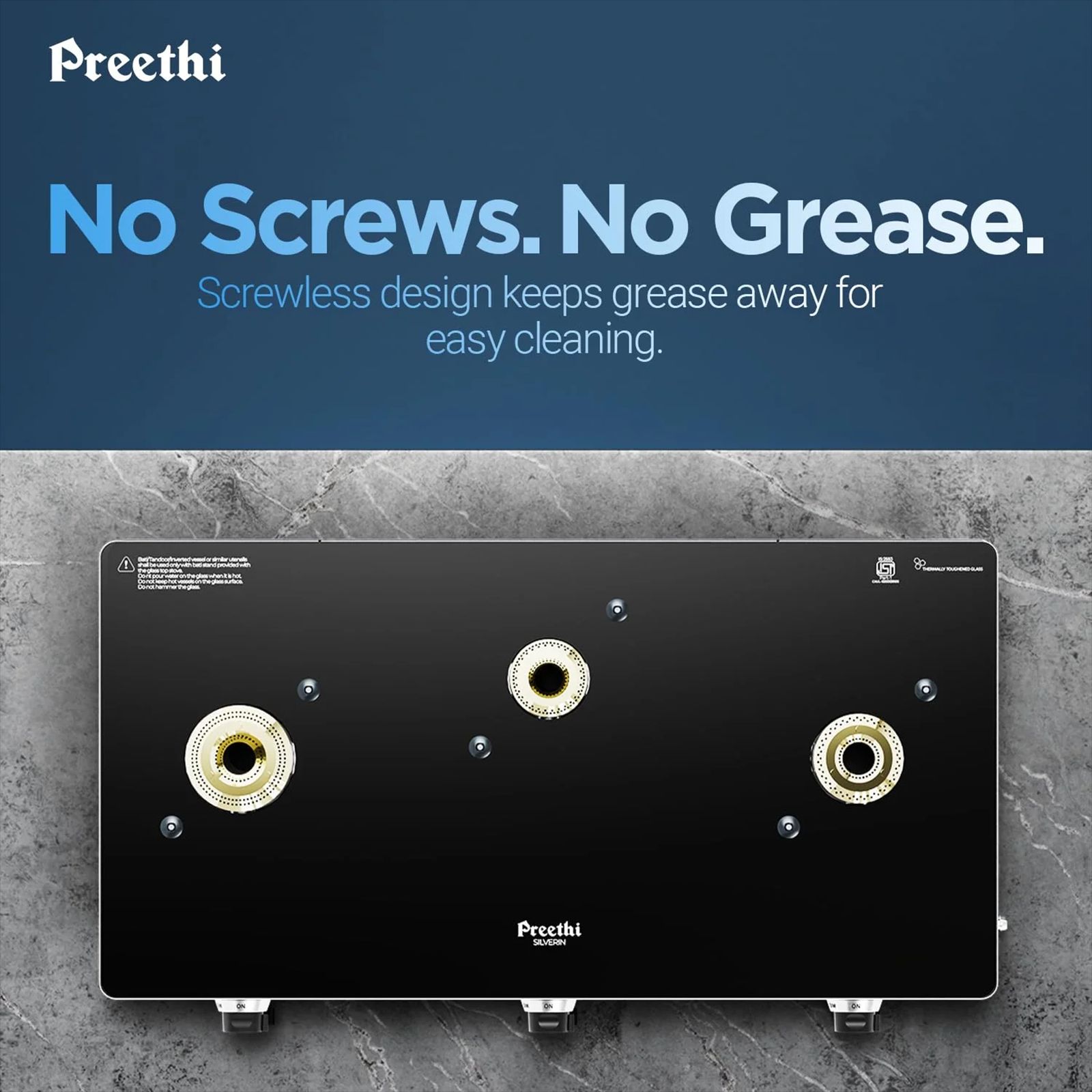 Preethi Silverin Toughened Glass Top 3 Burner Manual Gas Stove (Screwless Design, Black) Preethi Silverin Toughened Glass Top 3 Burner Manual Gas Stove (Screwless Design, Black)_11