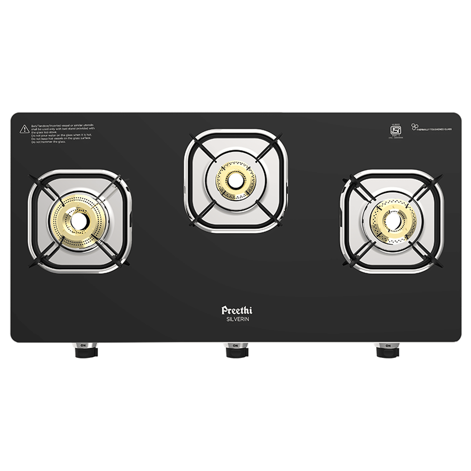 Preethi Silverin Toughened Glass Top 3 Burner Manual Gas Stove (Screwless Design, Black) Preethi Silverin Toughened Glass Top 3 Burner Manual Gas Stove (Screwless Design, Black)_4
