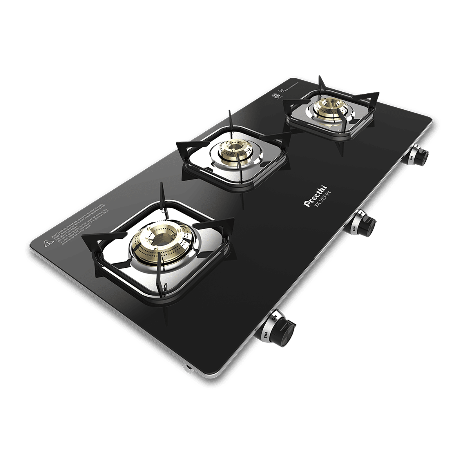 Preethi Silverin Toughened Glass Top 3 Burner Manual Gas Stove (Screwless Design, Black) Preethi Silverin Toughened Glass Top 3 Burner Manual Gas Stove (Screwless Design, Black)_5