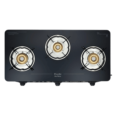 Preethi Alya 2.0 Toughened Glass Top 3 Burner Manual Gas Stove (ISI Certified, Black)