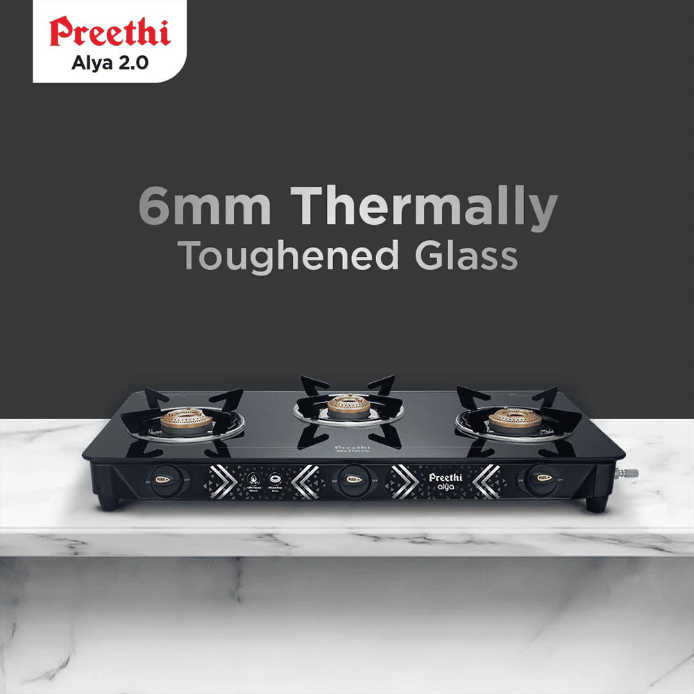 Preethi Alya 2.0 Toughened Glass Top 3 Burner Manual Gas Stove (ISI Certified, Black)_3