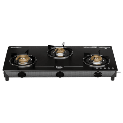 Preethi Valentino Carbon Tempered Glass Top 3 Burner Manual Gas Stove (ISI Certified, Black)