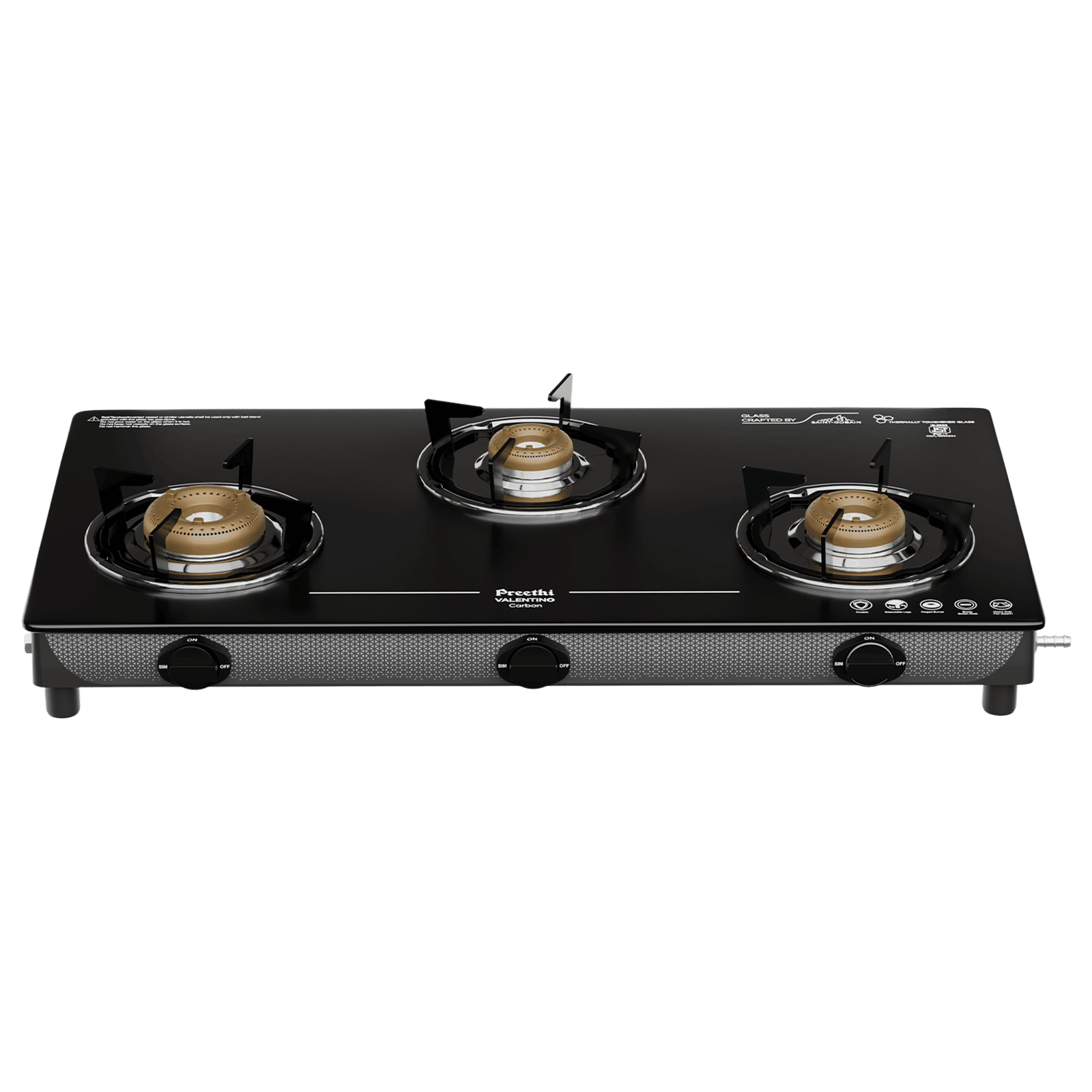 Preethi Valentino Carbon Tempered Glass Top 3 Burner Manual Gas Stove (ISI Certified, Black) Preethi Valentino Carbon Tempered Glass Top 3 Burner Manual Gas Stove (ISI Certified, Black)_1