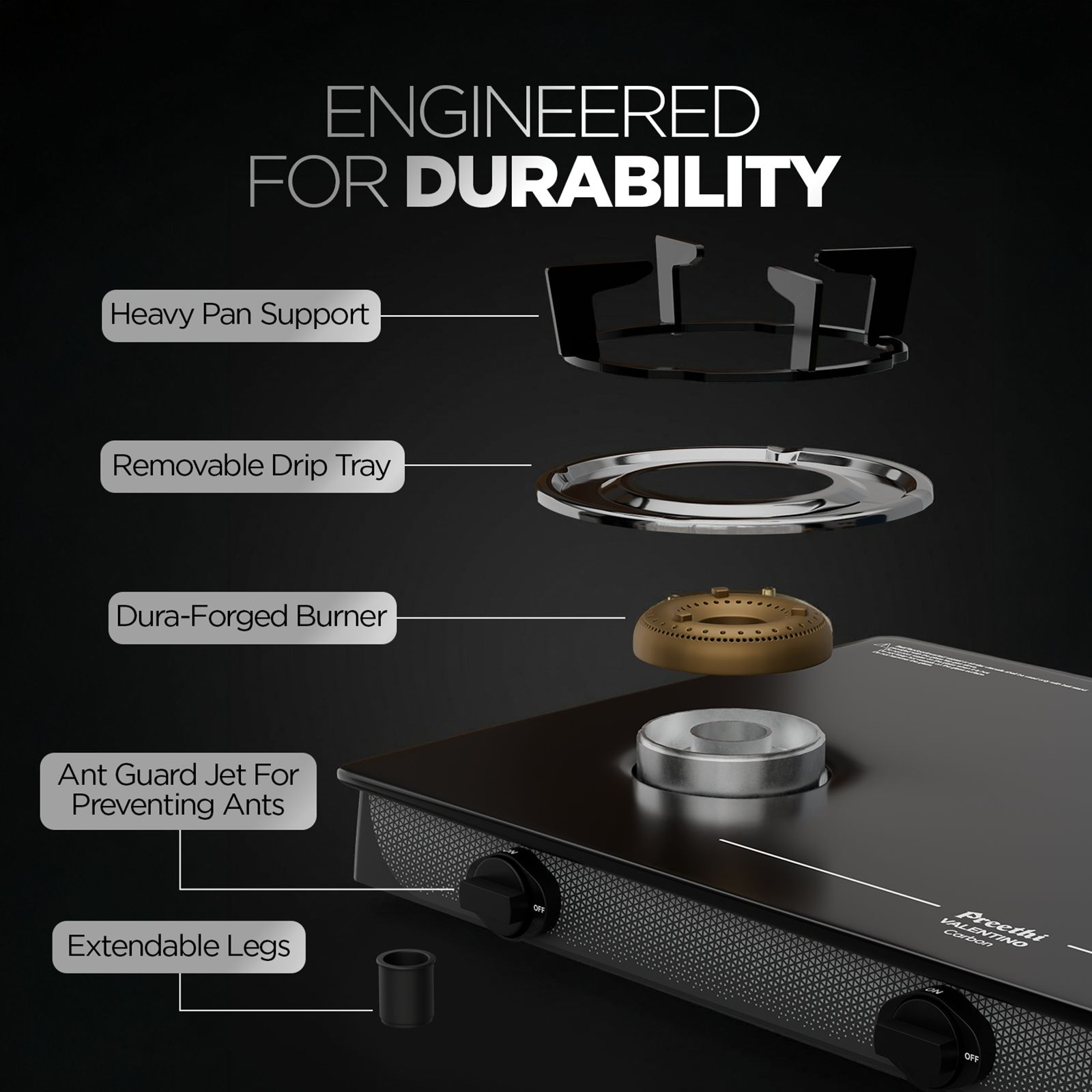Preethi Valentino Carbon Tempered Glass Top 3 Burner Manual Gas Stove (ISI Certified, Black) Preethi Valentino Carbon Tempered Glass Top 3 Burner Manual Gas Stove (ISI Certified, Black)_6